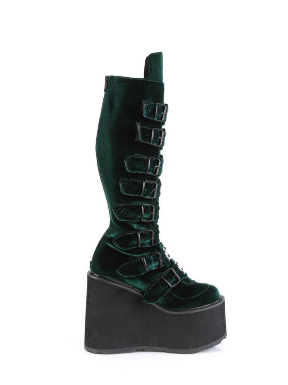 Emerald Velvet Knee High Boots with 8 Buckle Straps